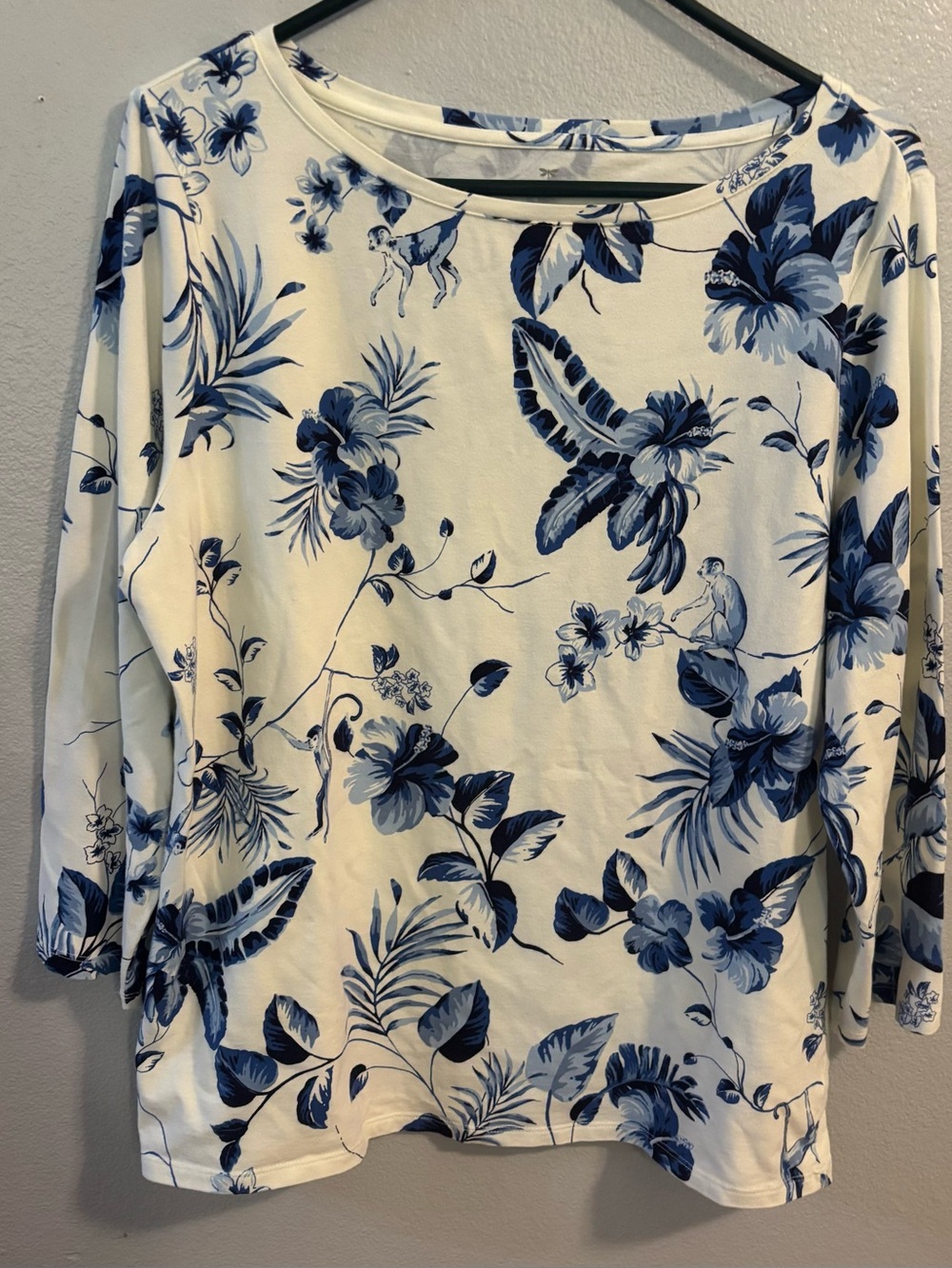 Talbots Blue White Tropical Monkey Toile Print Top XL
